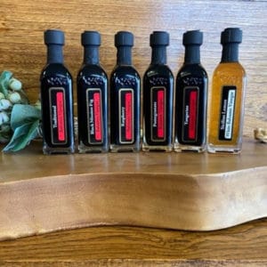 OV Harvest balsamic sampler featuring traditional, Fig, Pomegranate, Raspberry, Tangerine & Sicilian Lemon balsamic vinegars