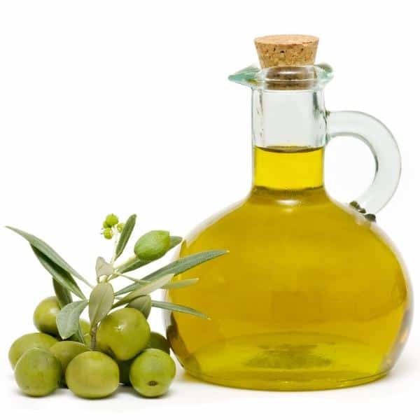 Image of olive oil jar and green olives representing Arbequina Extra Virgin Olive Oil