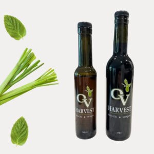 Two mint leaves, lemon grass and OV Harvest balsamic vinegar bottles representing Thai Lemongrass – Mint White Balsamic Vinegar